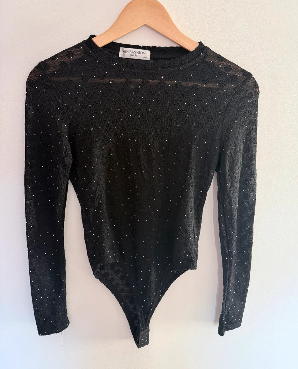 Body noir en dentelle transparente à strass – Taille S/M – Élégant & chic