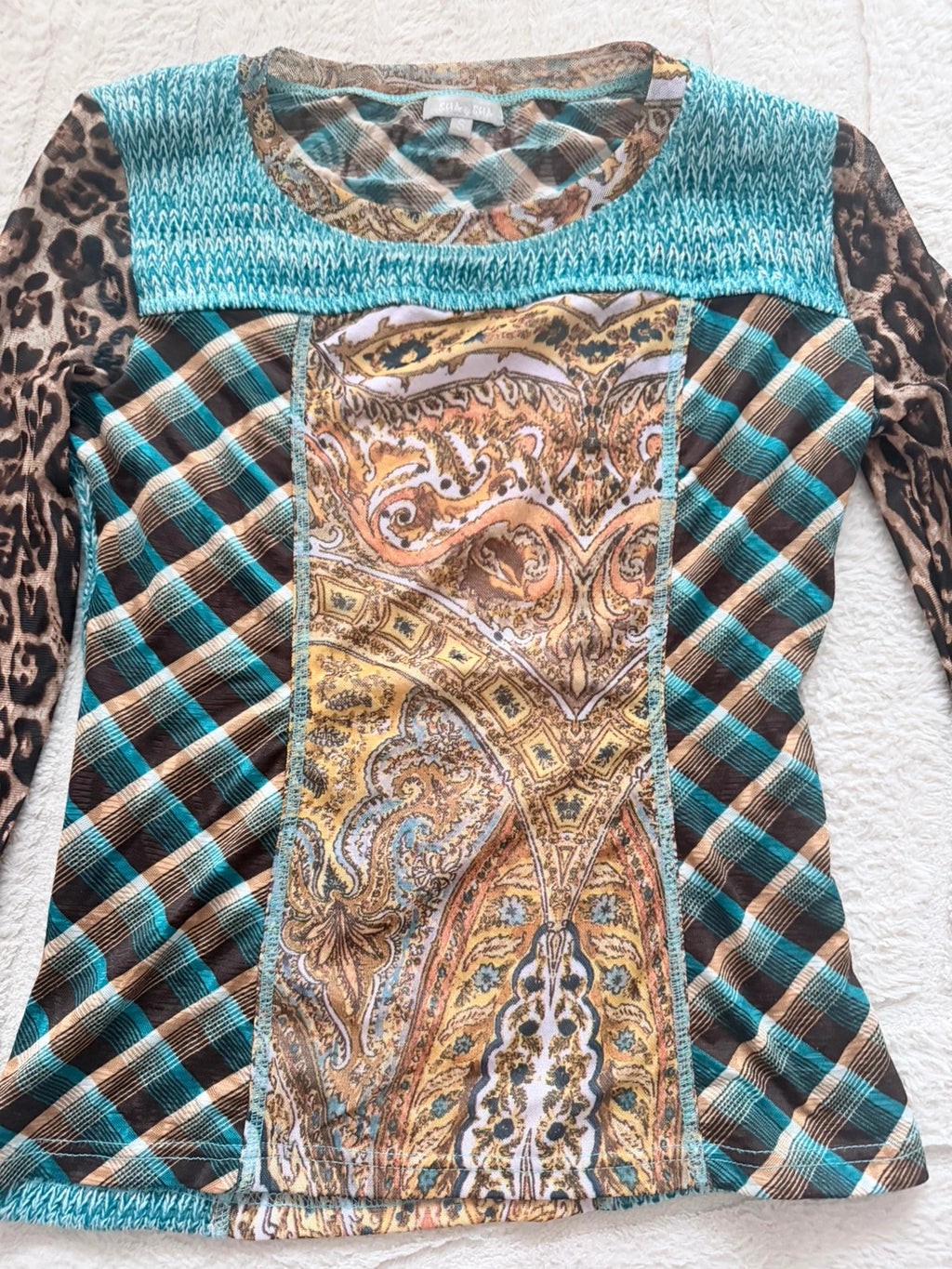 Haut femme patchwork imprimé léopard bleu turquoise – Taille S