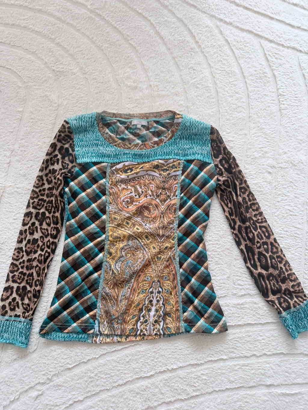 Haut femme patchwork imprimé léopard bleu turquoise – Taille S