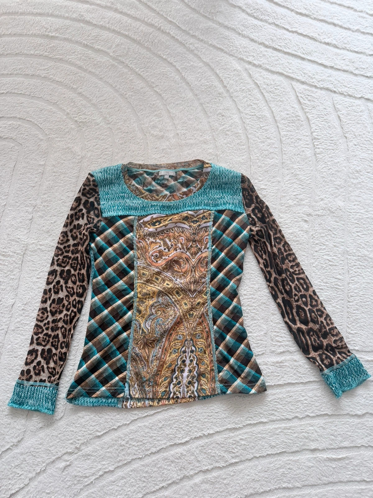Haut femme patchwork imprimé léopard bleu turquoise – Taille S