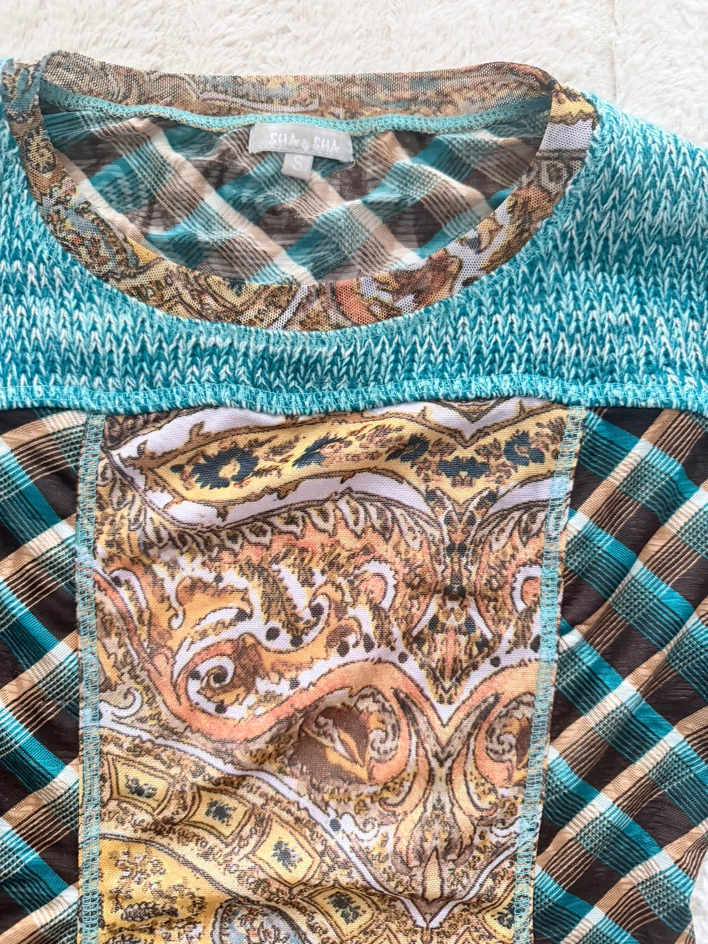 Haut femme patchwork imprimé léopard bleu turquoise – Taille S