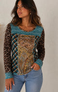 Haut femme patchwork imprimé léopard bleu turquoise – Taille S
