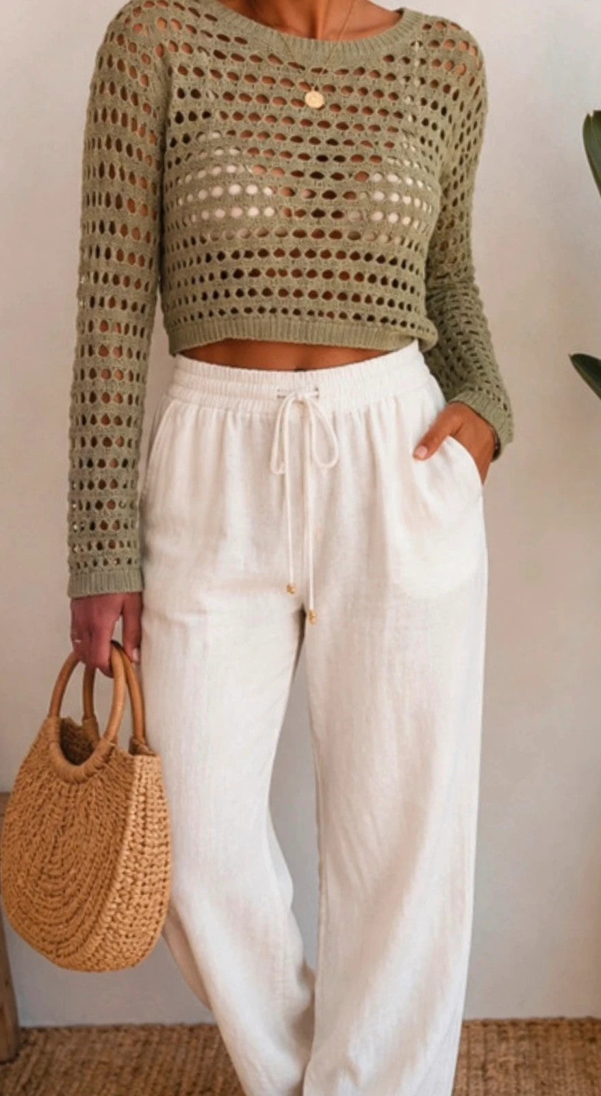Pull crochet ajouré Stradivarius kaki – Taille M – Style bohème