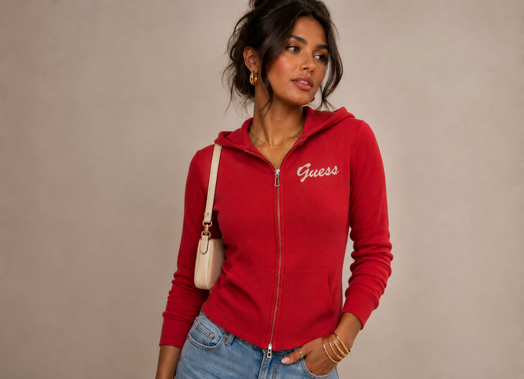 Gilet zippé GUESS rouge avec capuche taille S ajusté